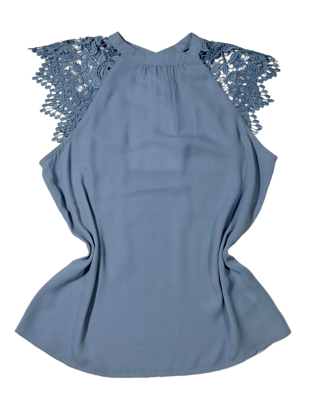 EXPRESS Dusty Blue Mock Neck Blouse with Cutout Lace Cap Sleeves